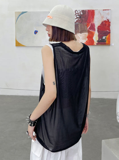 Cool Girl Black&White See-Through Round-Neck Vest Top