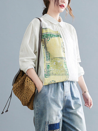 Artistic Retro National Printed Split-Joint Pleated Lapel Collar Long Sleeves Blouse