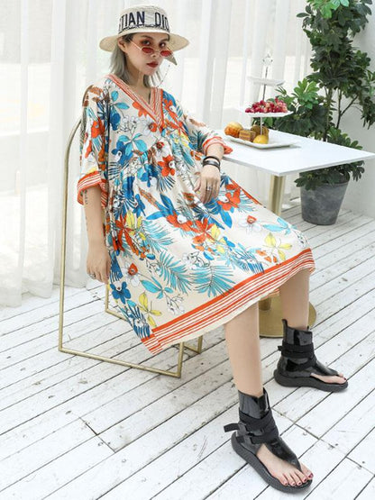 Casual Retro Printed Collect Waist Mini Dress