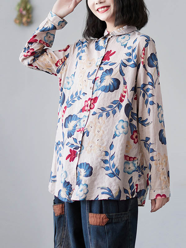 Artistic Retro Floral Printed Buttoned Lapel Collar Long Sleeves Blouse