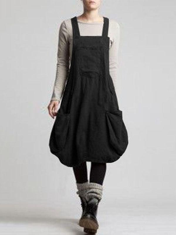 Casual Solid Color Split-Joint With Pocket Pleated Square-Neck Midi Strap Dress