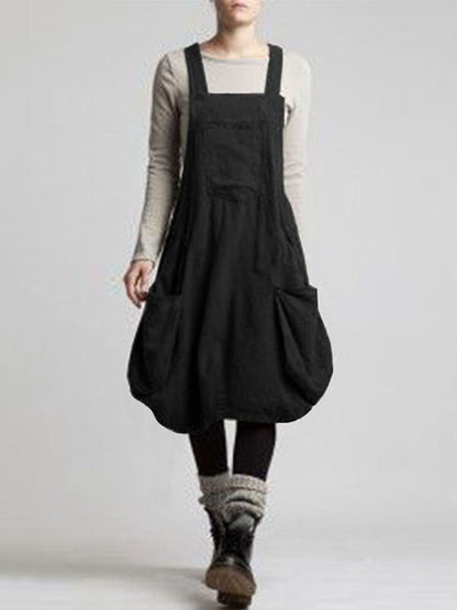 Casual Solid Color Split-Joint With Pocket Pleated Square-Neck Midi Strap Dress