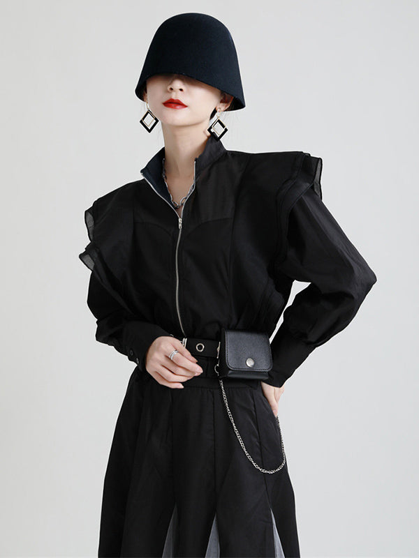 Stylish Solid Color Split-Joint Mesh Falbala Zipper Stand Collar Long Sleeves Outwear