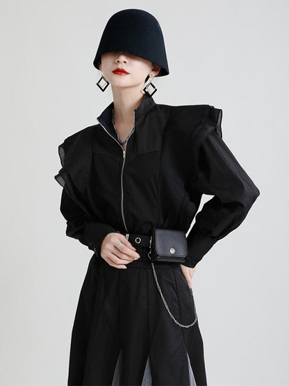 Stylish Solid Color Split-Joint Mesh Falbala Zipper Stand Collar Long Sleeves Outwear