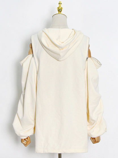 Fashion Solid Color Split-Joint Cold Shoulder Hoodies Top