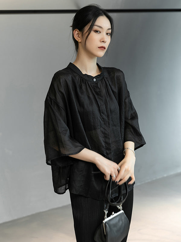 Linen Black&White Round-Neck Flared Sleeves T-Shirt