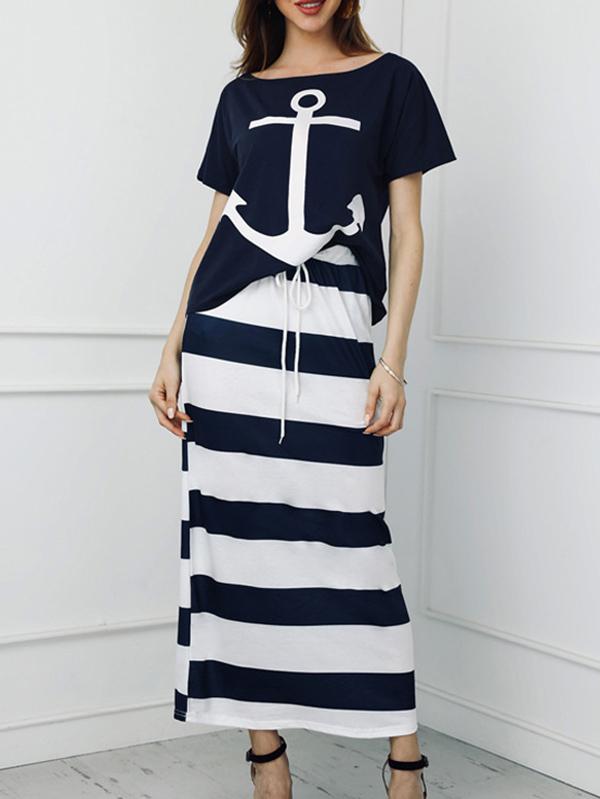 Simple Printed Tops And Long Skirt Suits