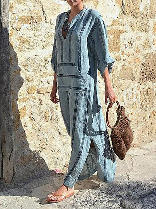 Remain Cotton Striped V-neck Loose Maxi Dress