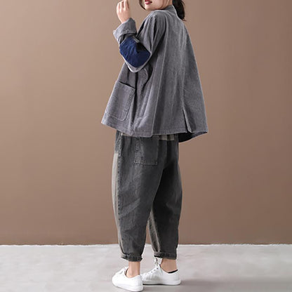 Buykud Patchwork Corduroy Single Breasted Autumn Coat