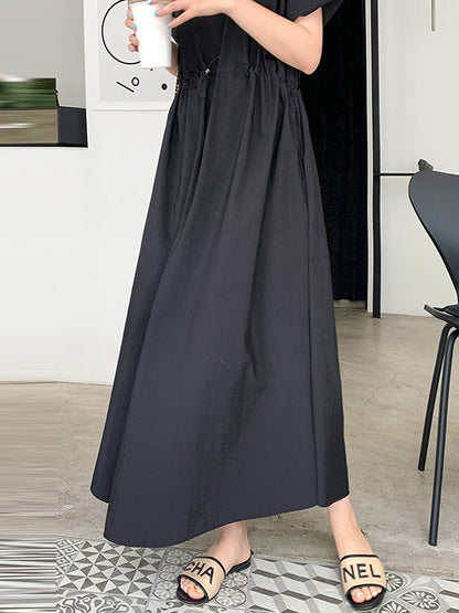 Casual Solid Color Drawstring Pleated Round-Neck Half Sleeves High-Waist Midi Dress