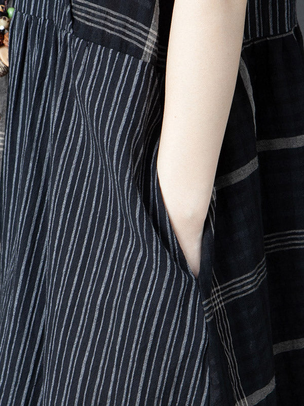 Artistic Retro Loose Split-Joint Striped Plaid V-Neck Short Sleeves Midi Dress