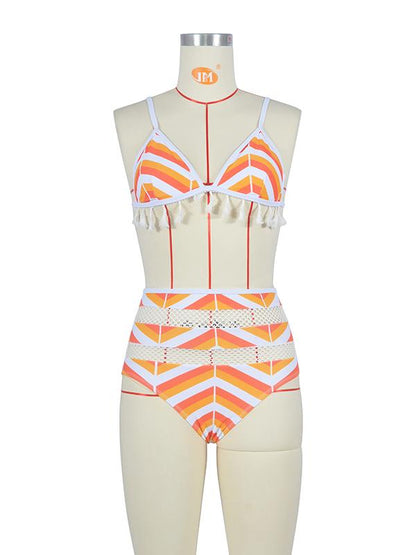 Hollow Striped High Waisted Bikini Swimsuit
