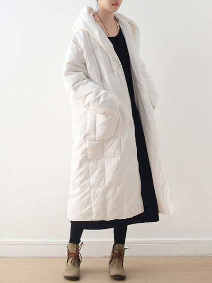 Simple White Duck Down Over Knee Solid Color Zipper Hooded Down Wear Coat