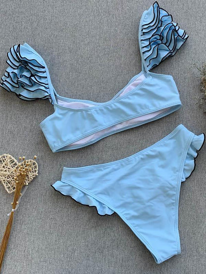 Bandeau Falbala Plain Bikinis Swimwear