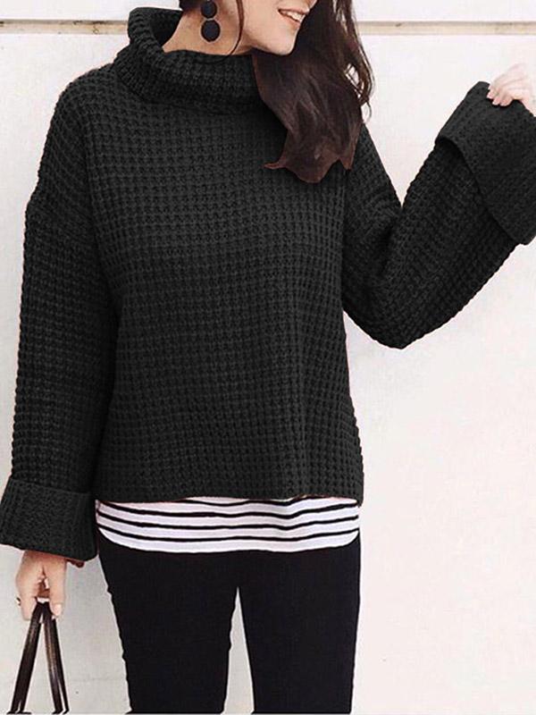 Solid Color Knitting High-neck Sweater Tops