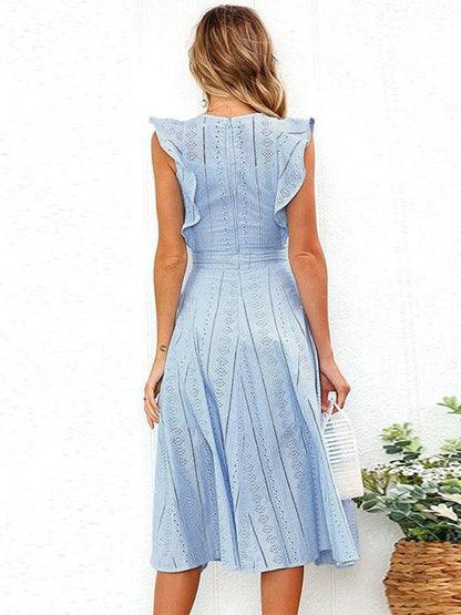 Lace Hollow Fuffled Irregular Midi Dress