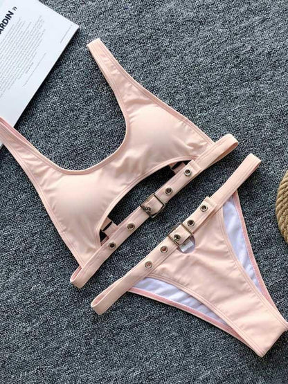 Solid Color Bandage Split Bikini Swimsuit