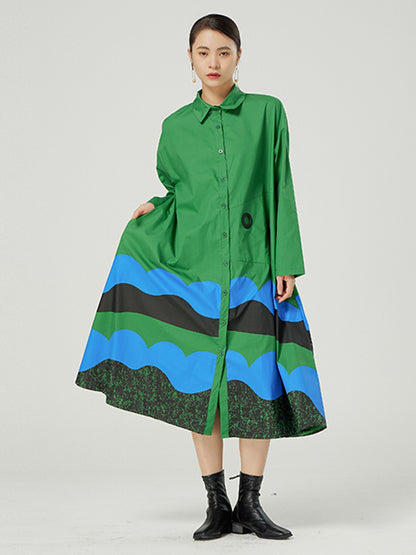 Original Buttoned Contrast Color Lapel Long Sleeves Midi Dress