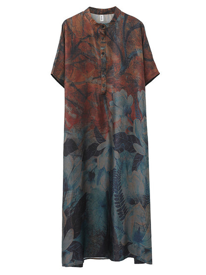 Vintage Loose Printed Stand Collar Batwing Sleeves Maxi Dress