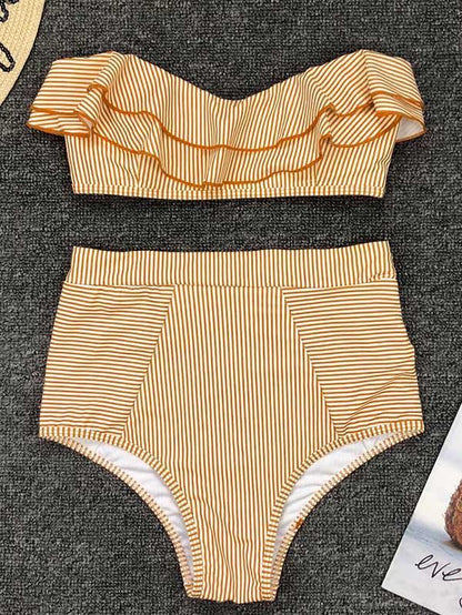 Striped Ruffled With High Waist Bikini Set