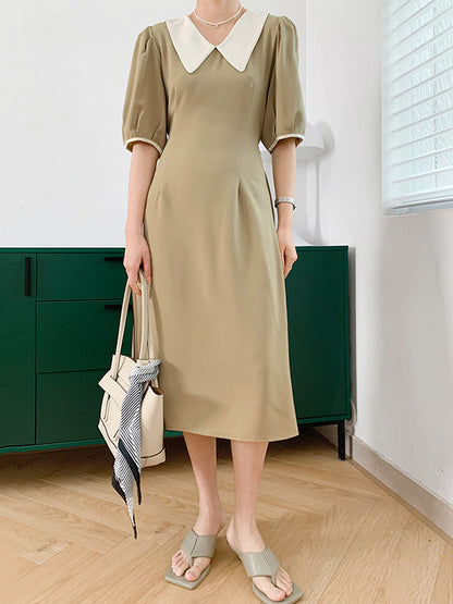 Urban Solid Color Bandage A-Line Lapel Short Sleeves Midi Dress
