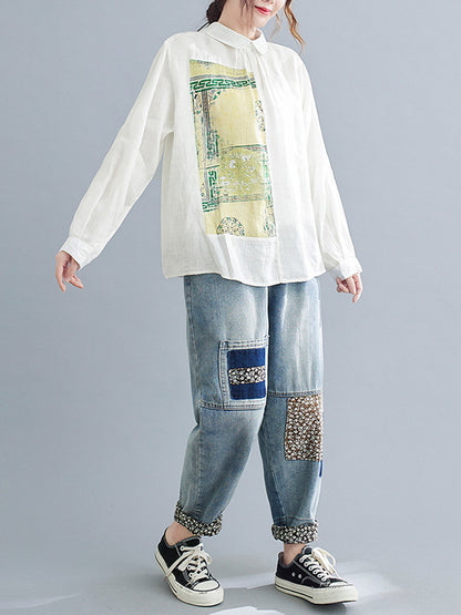 Artistic Retro National Printed Split-Joint Pleated Lapel Collar Long Sleeves Blouse