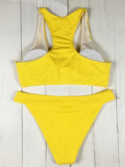 Solid Color Knotted Hollow Split Bikini Swimsuit