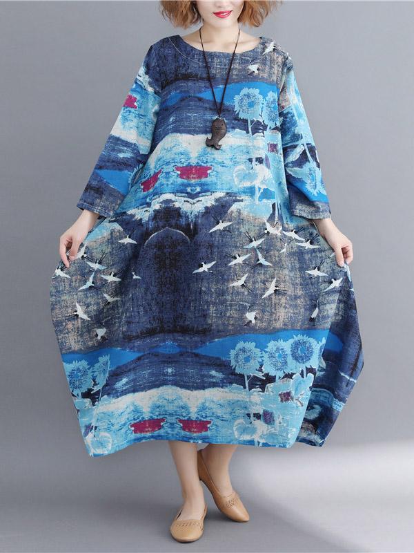 Ramie Cotton Plus Size Printing Style Midi Dresses