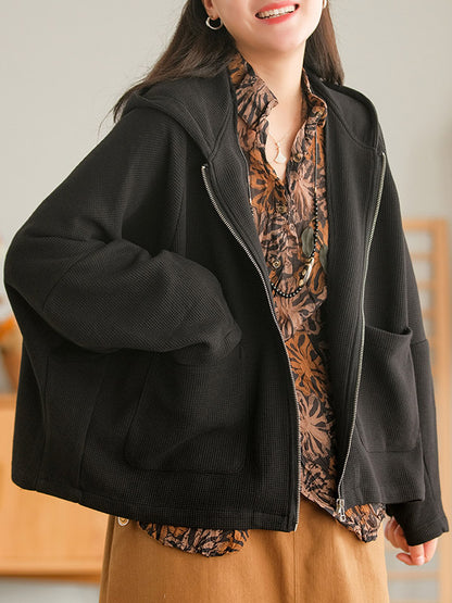 Casual Loose Solid Color Hooded Split-Joint Zipper Outerwear