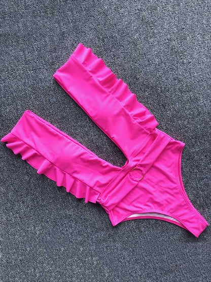 Deep-neck Ruffled Plain One-piece Swimsuit