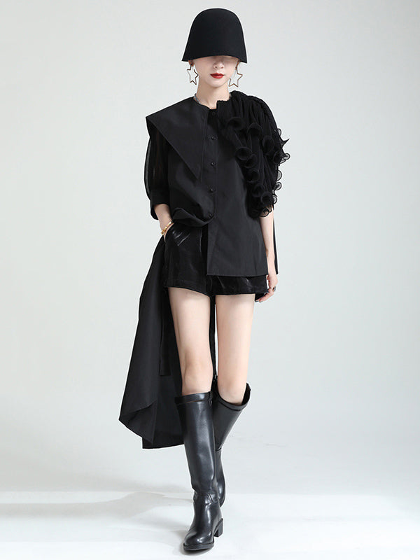 Stylish Irregular 4 Colors Split-Joint Pleated Mesh Falbala Buttoned Lapel Collar Bishop Sleeves Blouse