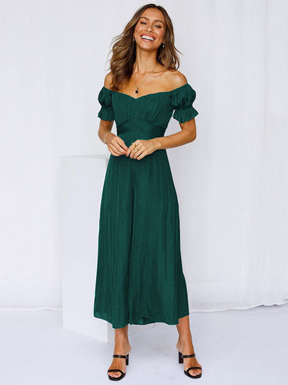 13 Colors Puff Sleeves Solid Color Cold Shoulder Wide Leg Jumpsuits