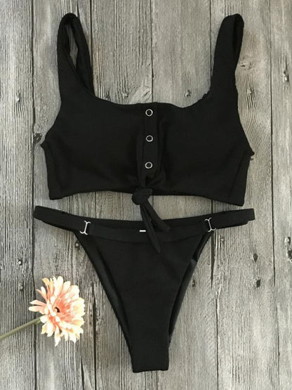 Plain Bandeau Ribbed Bikinis Swimwear