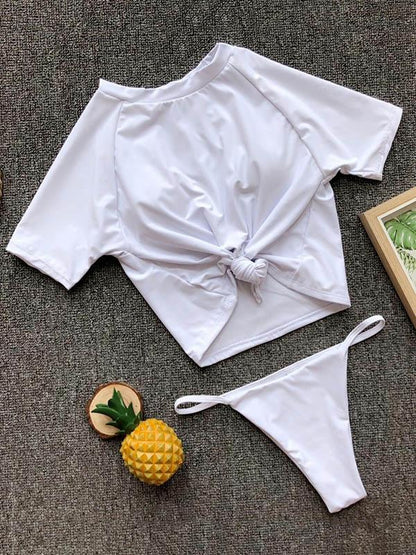 Two-pieces Solid Short Sleeves Bikinis Swimwear
