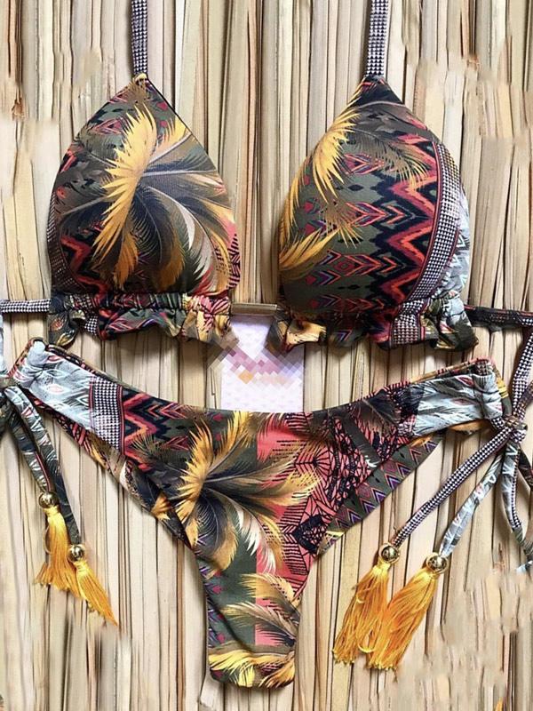 Retro Printed Bandage Split Bikini Swimsuit