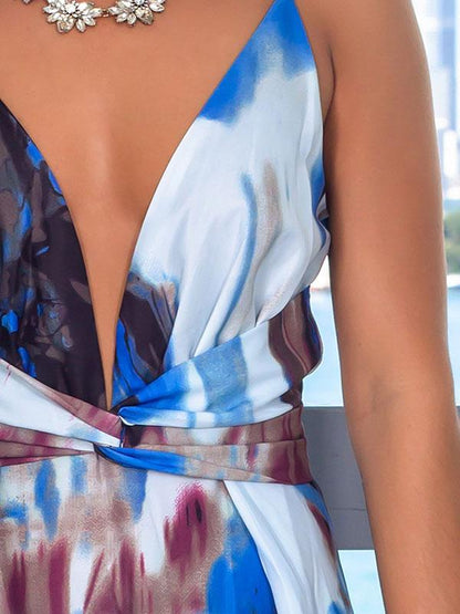 Printed Spaghetti-neck Belted Maxi Dress