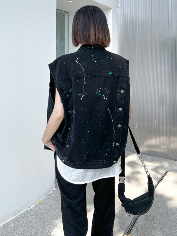 Original Denim Split-Joint With Pocket Splash Ink Buttoned Lapel Collar Sleeveless Vest Outwear