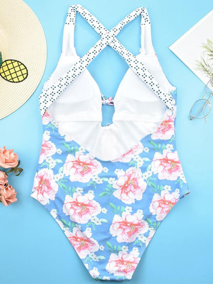 Flower Printed Bow-embellished One-piece Swimsuit