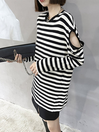 Original Stylish Striped Hollow Cold Shoulder Long Sleeves T-Shirt Tops