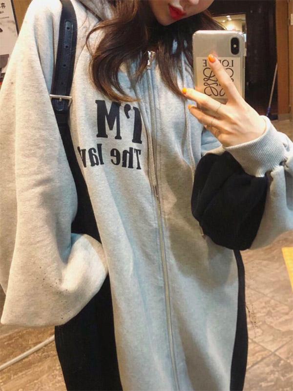 Loose Zipper Letter Printed Batwing Sleeves Hoodie Outwears