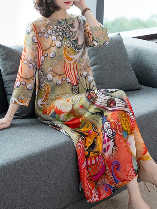 Vintage Loose Oversize Multicolor Printed Dress