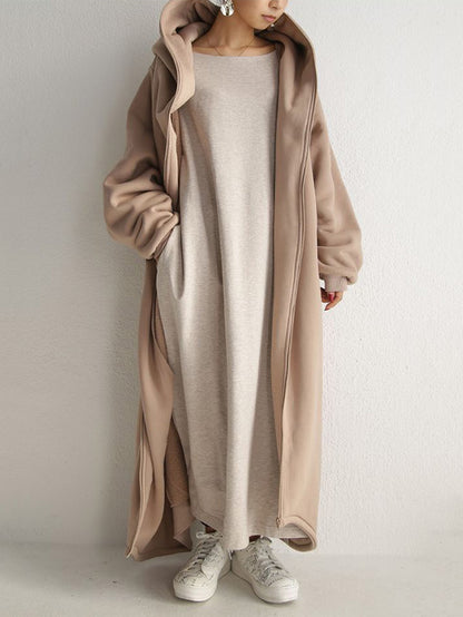 Urban Hooded Solid Color Zipper Batwing Sleeve Long Outerwear