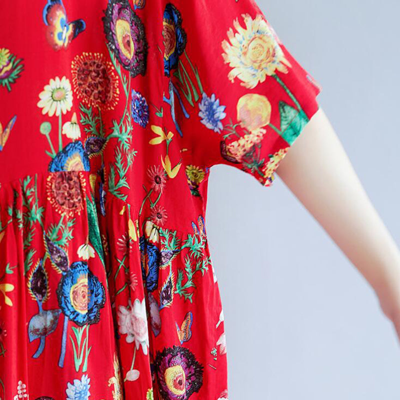Vintage Loose Pleated Floral Printed Short Sleeves Midi Dress