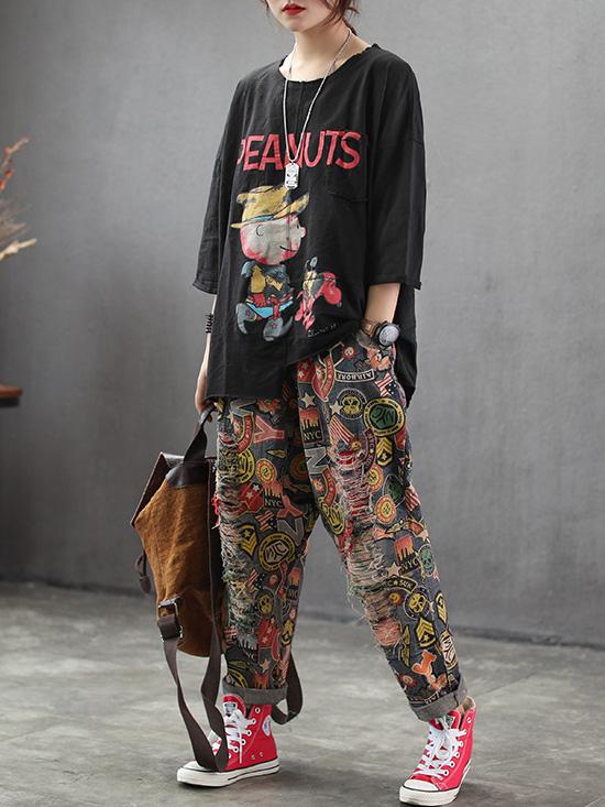 Printed Mess Style Hole-with Loose Pants