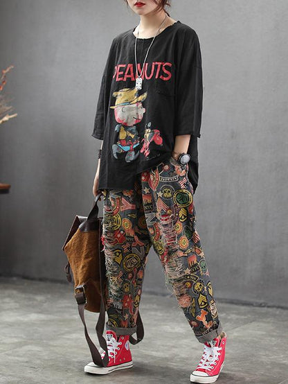 Printed Mess Style Hole-with Loose Pants