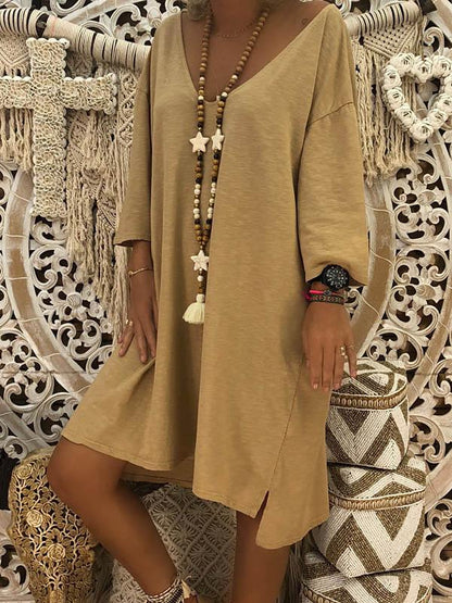 Solid V-neck Loose Midi Dress