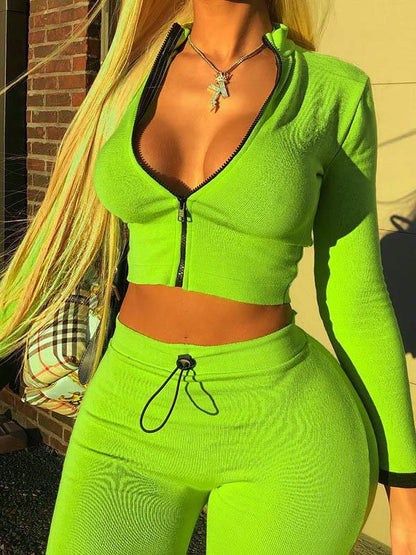 Solid Zipper Tee&Leggings Sports Suits