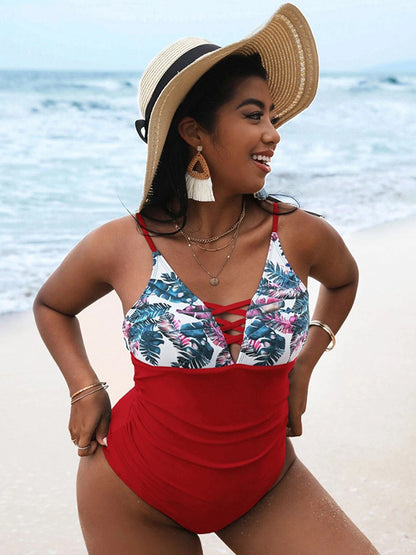 Leaves Print Split-Side One-Piece Swimsuit