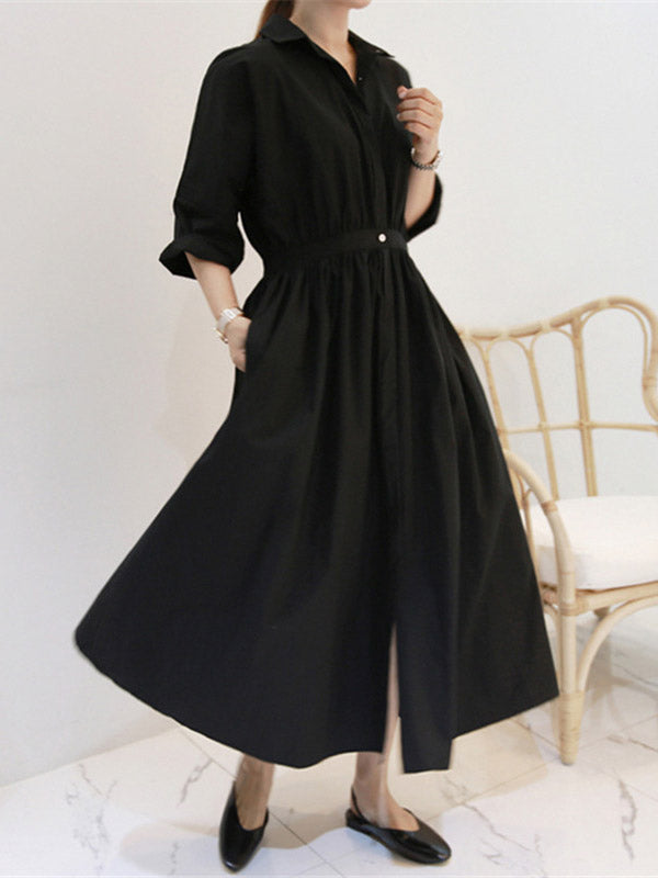 Casual Loose Solid Color Buttoned Pleated Lapel Collar Raglan Sleeves Midi Shirt Dress