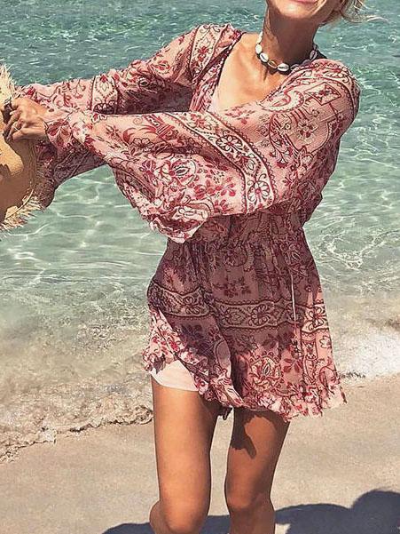 Printed Chiffon Flare Sleeves Jumpsuits